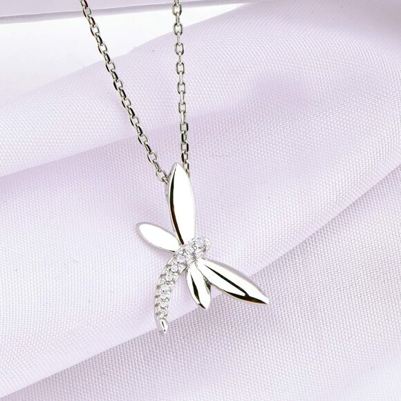 Women Dragonfly Necklace Sterling Silver Cubic Zirconia Pendant - Elegant Gift f - Picture 2 of 7